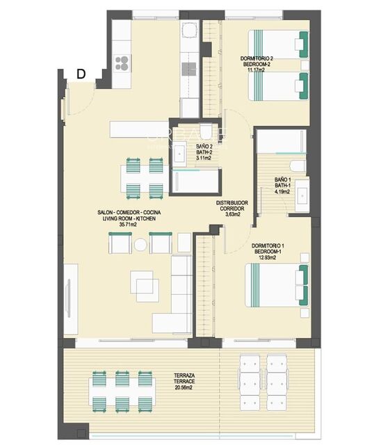 Apartamento de 2 dormitorios con piscina climatizada, gimnasio y jardines en complejo premium