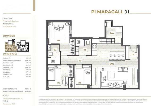 Apartamento elegante de 3 dormitorios en Gràcia