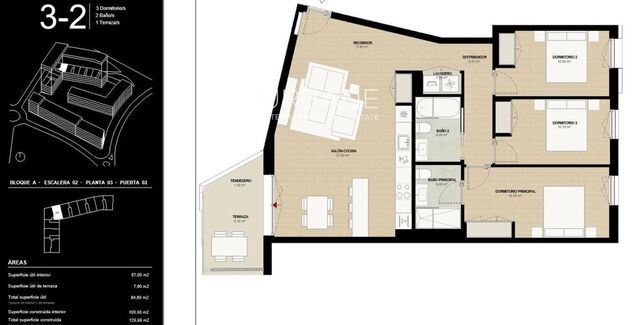 Moderno piso de tres dormitorios con terraza privada en la tercera planta