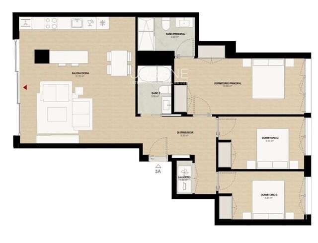 Moderno piso de tres dormitorios en planta baja con salón de concepto abierto