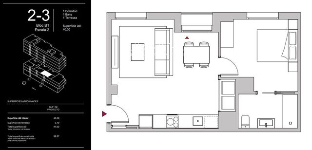 Elegante apartamento de obra nueva de 58,27 m² con 1 dormitorio, terraza y piscina en la azotea en Montjuïc